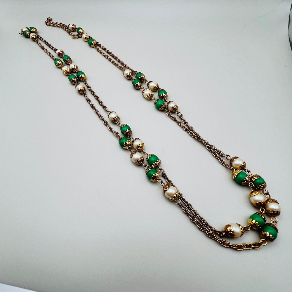 Vintage Green Bead and Faux Pearl Filigree Bead Opera Chain Necklace 52"